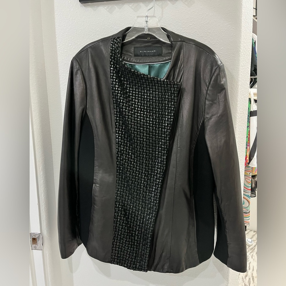 Elie Tahari Weave Pattern Leather Jacked